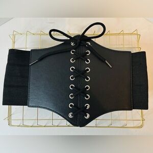 Black Corset Belt Vintage Inspired Lace-up Cinch Elastic Waist Belt Size XS/S